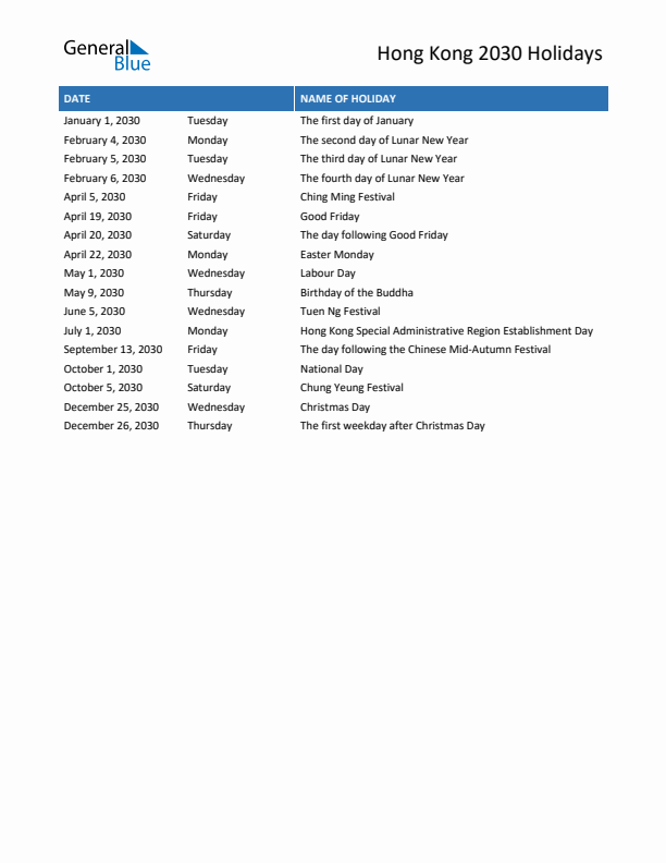 Free printable list of Hong Kong holidays for year 2030