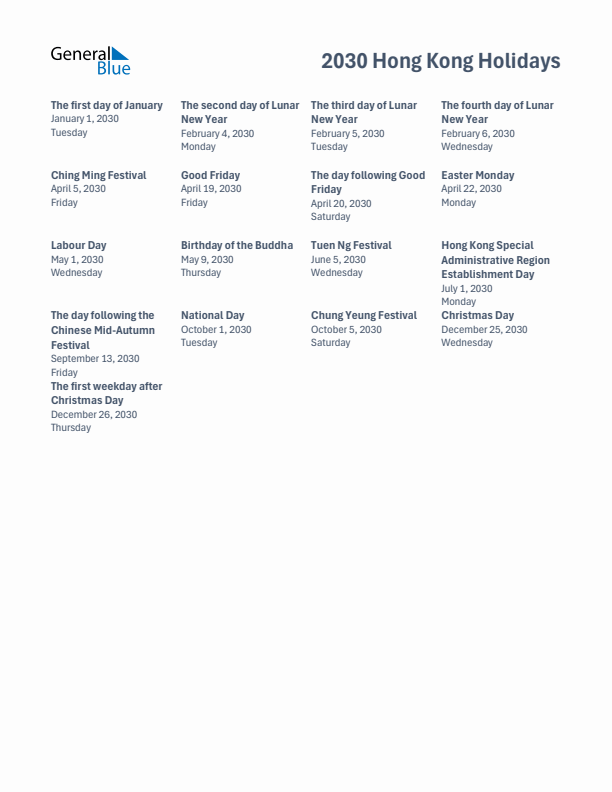 Free printable list of Hong Kong holidays for year 2030