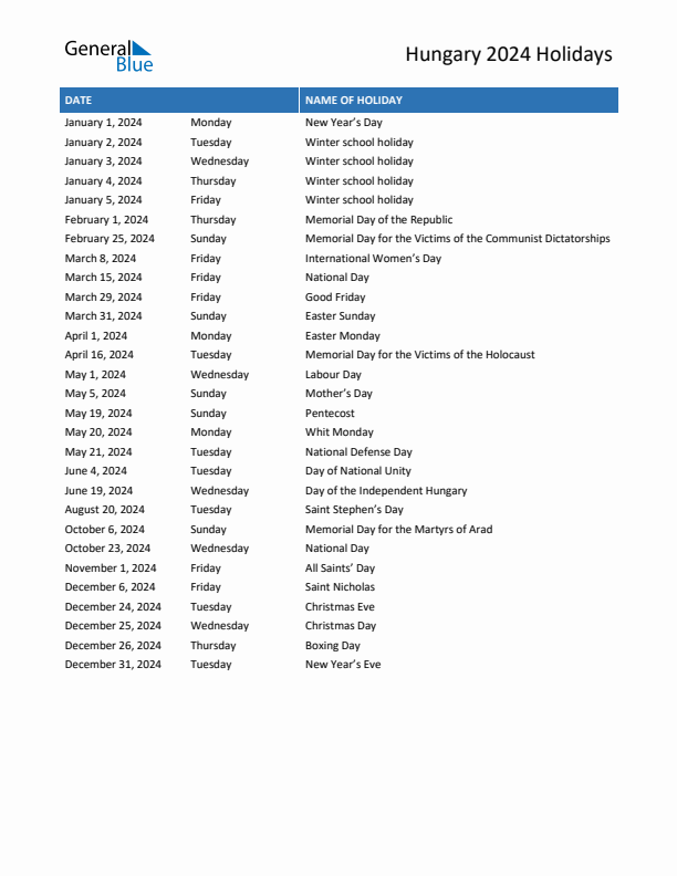 Free printable list of Hungary holidays for year 2024