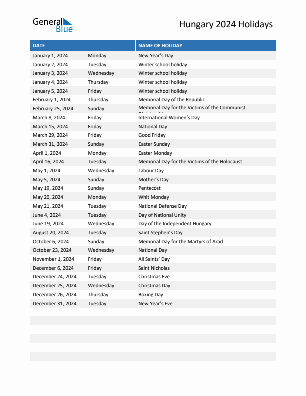 Free printable list of Hungary holidays for year 2024