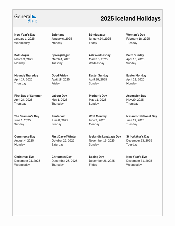 2025 Iceland List of Holidays in PDF, Word, and Excel