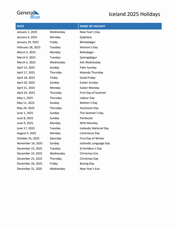 2025 Iceland List of Holidays in PDF, Word, and Excel