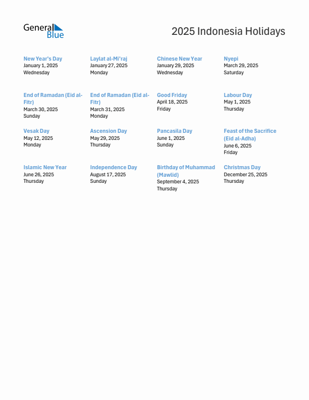 Free printable list of Indonesia holidays for year 2025