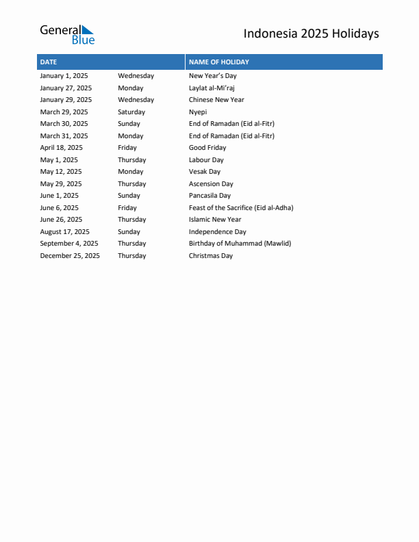 Free printable list of Indonesia holidays for year 2025
