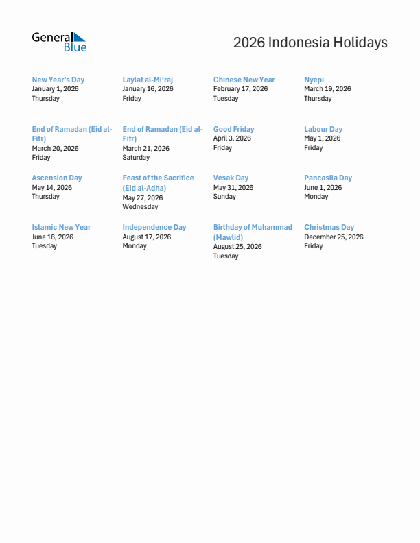 Free printable list of Indonesia holidays for year 2026
