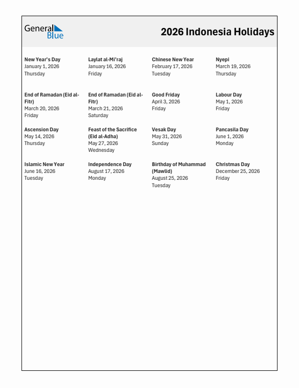 Free printable list of Indonesia holidays for year 2026
