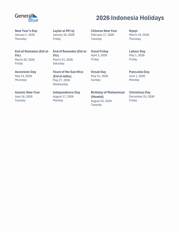 Free printable list of Indonesia holidays for year 2026