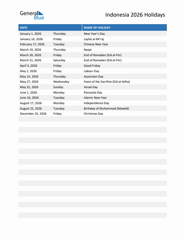 Free printable list of Indonesia holidays for year 2026