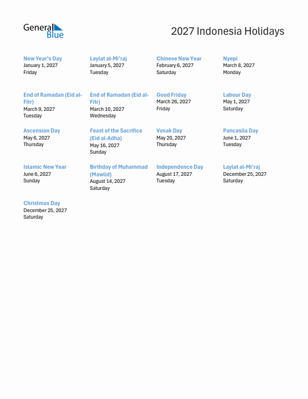 Free printable list of Indonesia holidays for year 2027