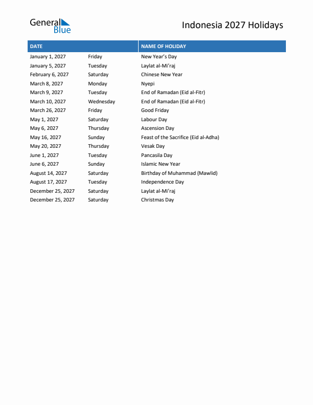 Free printable list of Indonesia holidays for year 2027