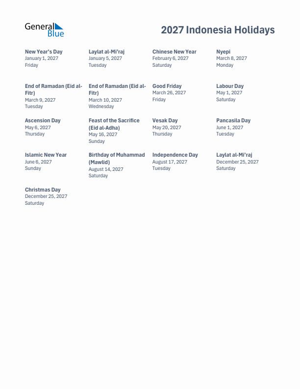 Free printable list of Indonesia holidays for year 2027