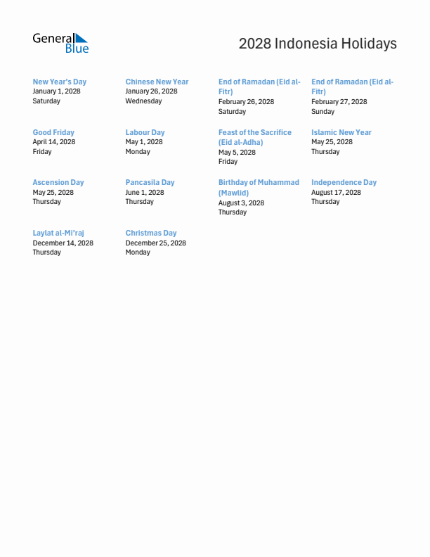 Free printable list of Indonesia holidays for year 2028