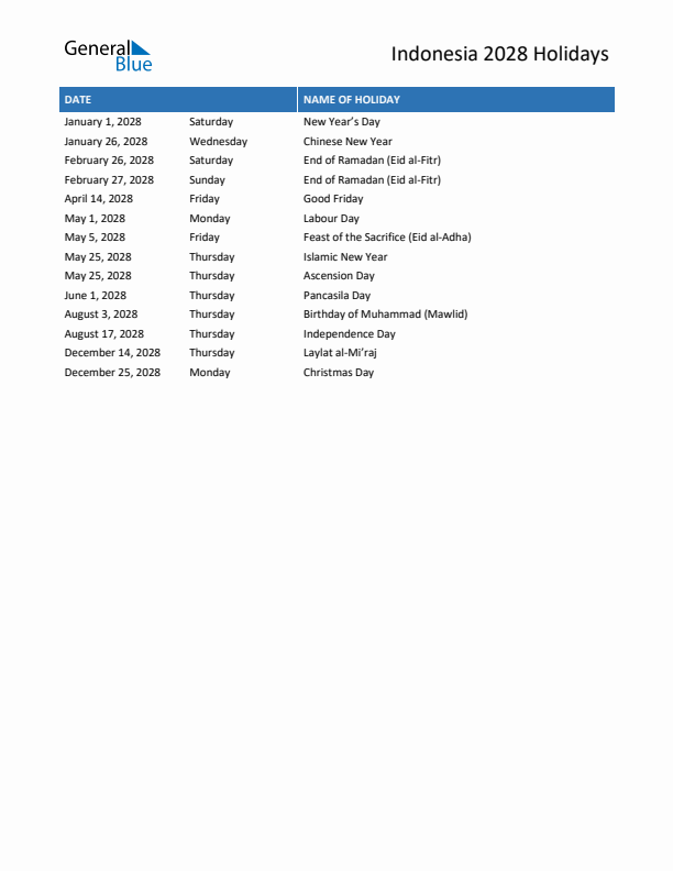 Free printable list of Indonesia holidays for year 2028