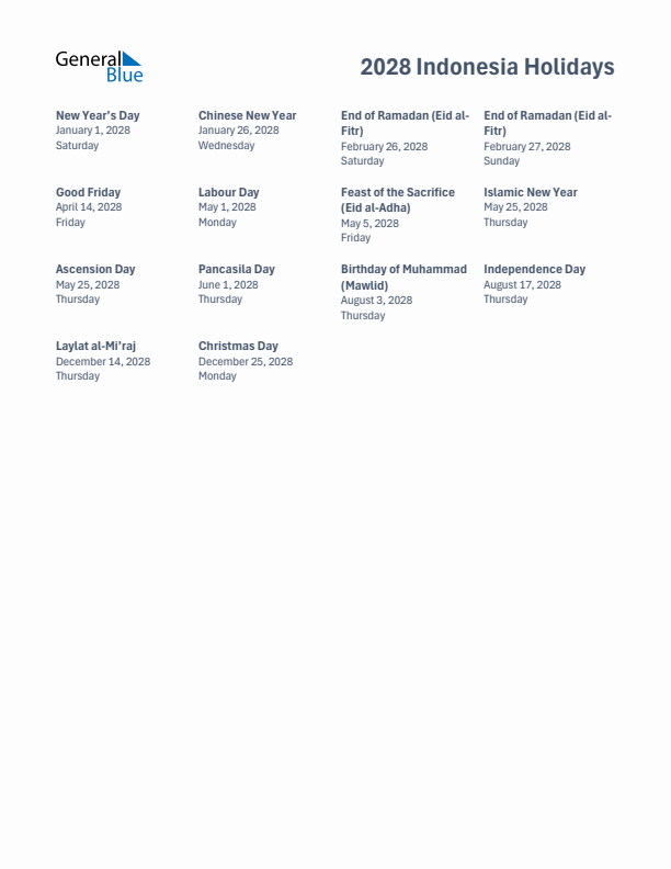 Free printable list of Indonesia holidays for year 2028