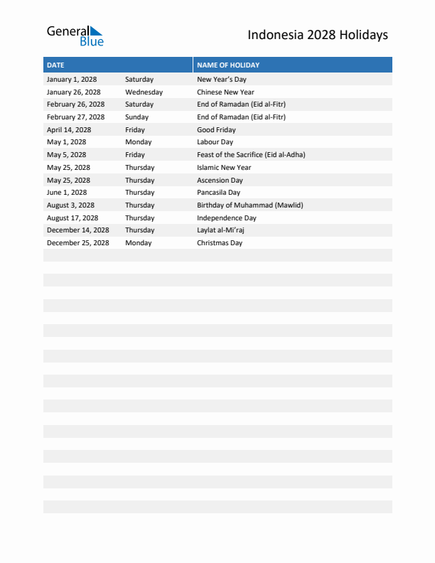 Free printable list of Indonesia holidays for year 2028