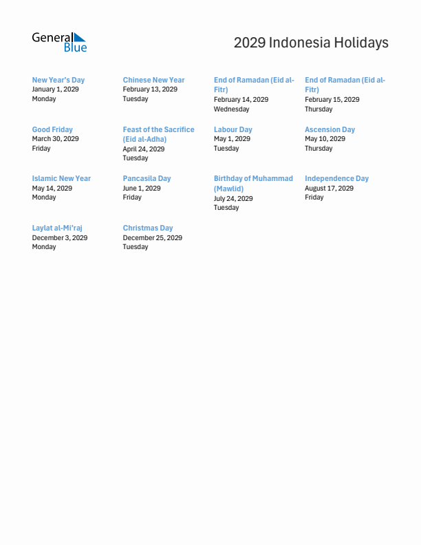 Free printable list of Indonesia holidays for year 2029