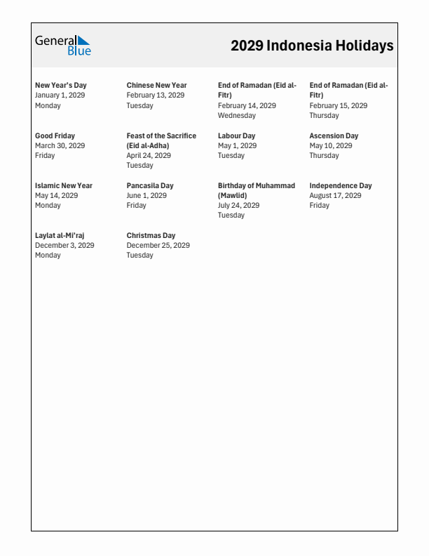 Free printable list of Indonesia holidays for year 2029