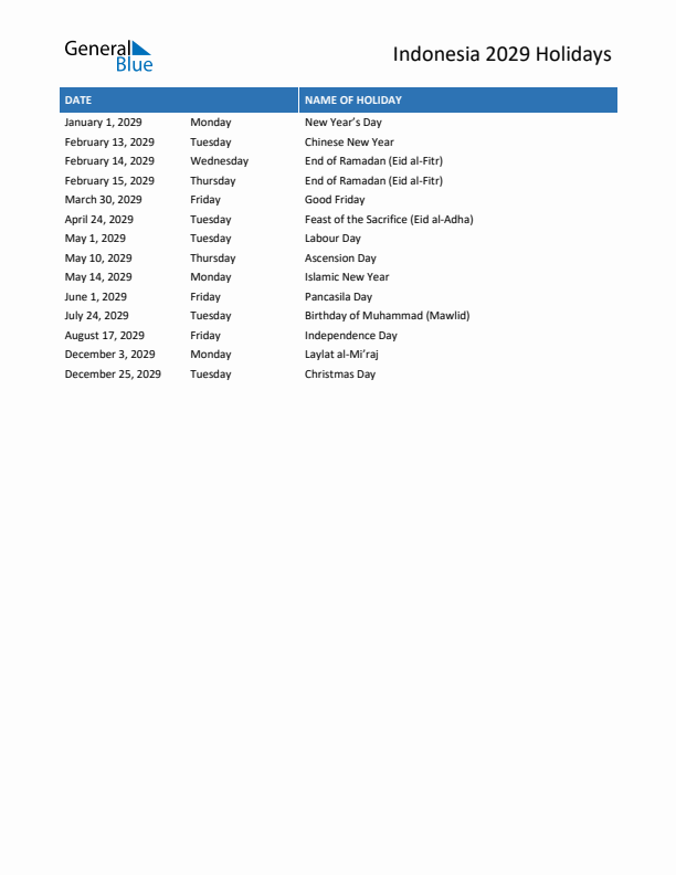 Free printable list of Indonesia holidays for year 2029