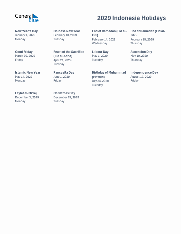 Free printable list of Indonesia holidays for year 2029