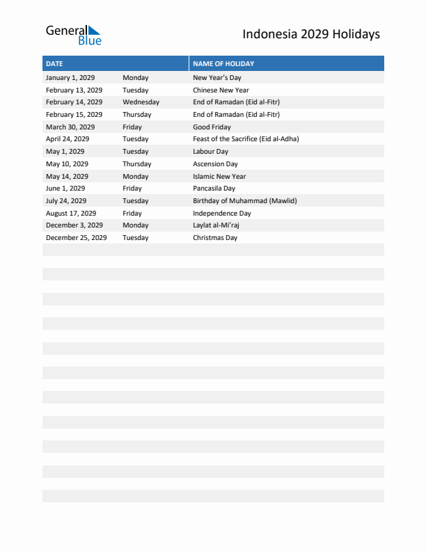 Free printable list of Indonesia holidays for year 2029