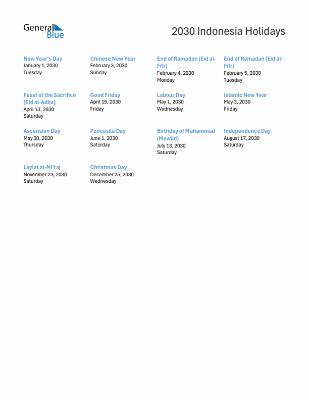 Free printable list of Indonesia holidays for year 2030