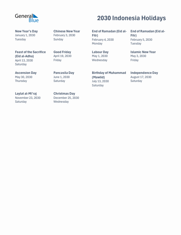 Free printable list of Indonesia holidays for year 2030