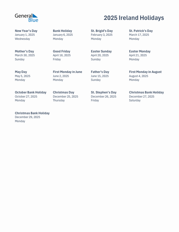 2025 Ireland List of Holidays in PDF, Word, and Excel