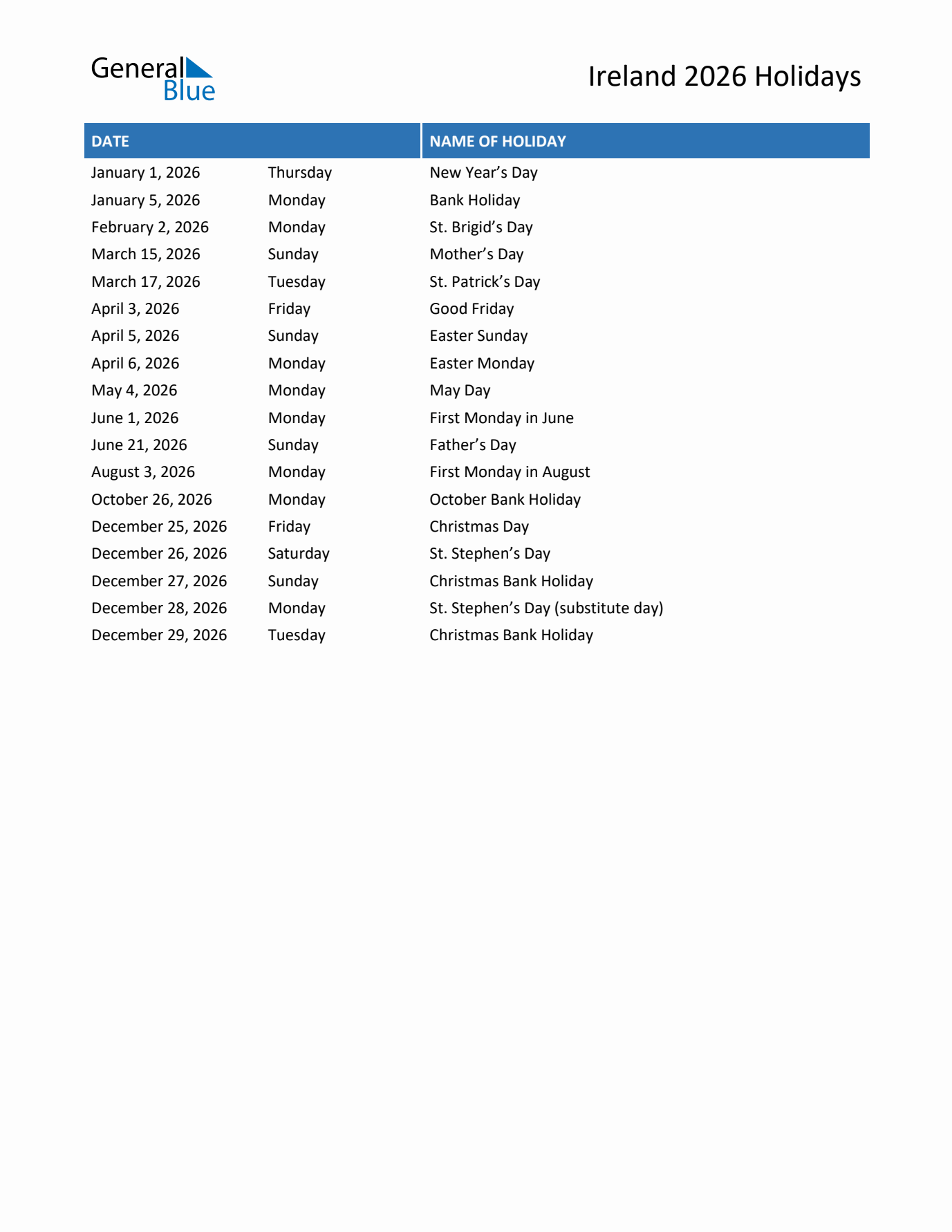 2026 Ireland List of Holidays in PDF, Word, and Excel