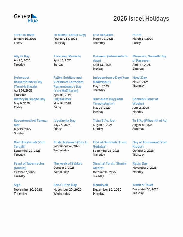 Free printable list of Israel holidays for year 2025