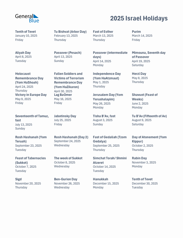 Free printable list of Israel holidays for year 2025