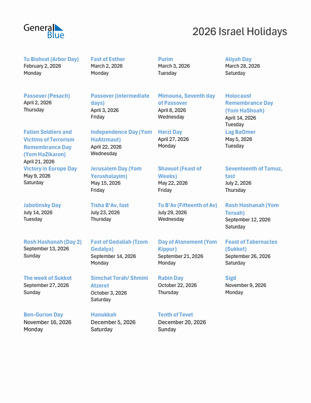 Free printable list of Israel holidays for year 2026