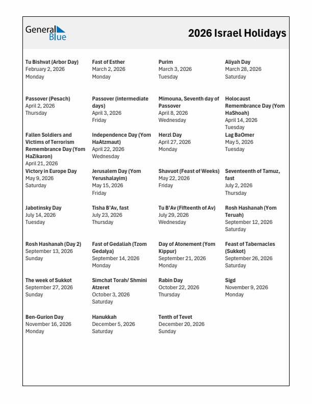 Free printable list of Israel holidays for year 2026