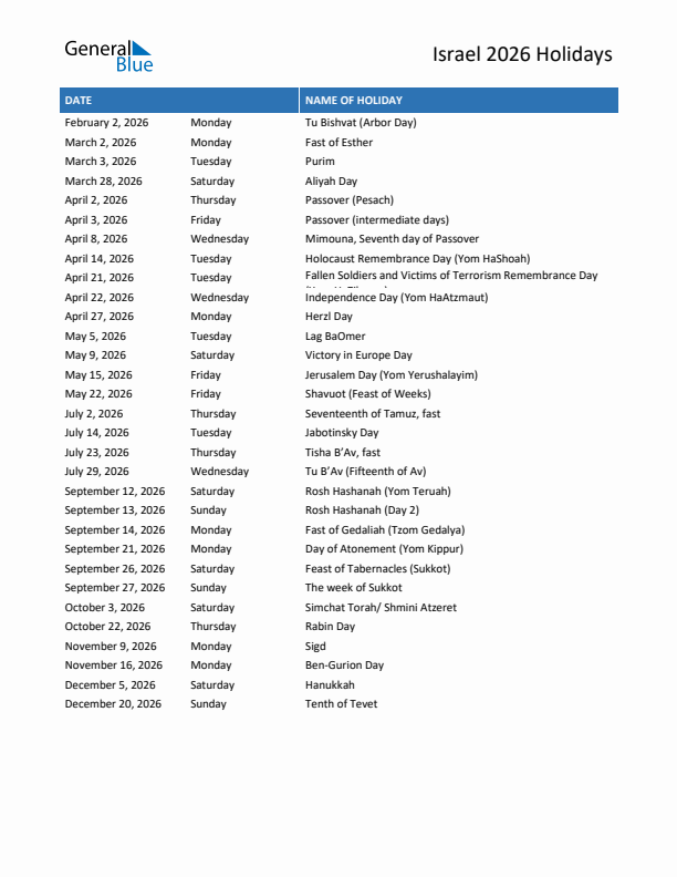Free printable list of Israel holidays for year 2026
