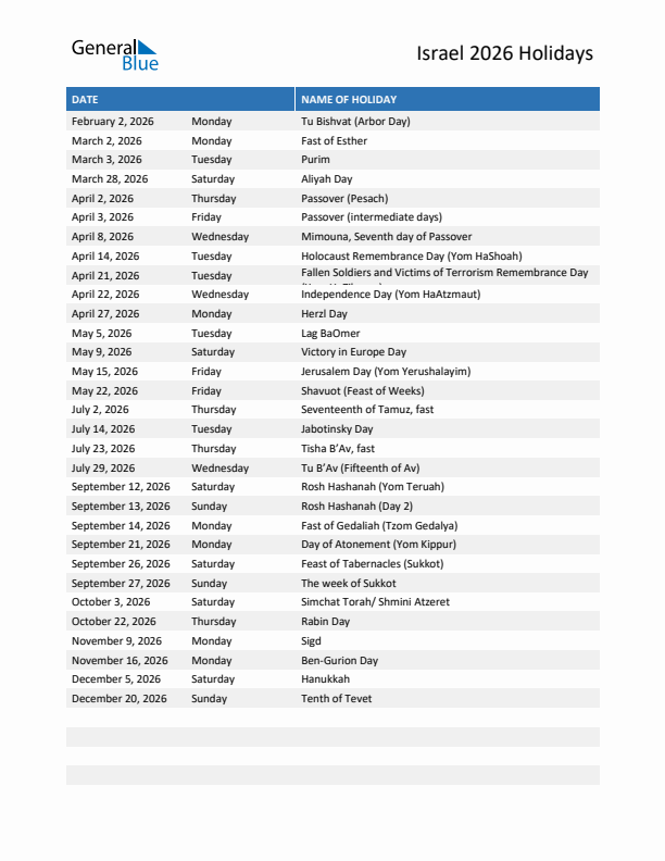 Free printable list of Israel holidays for year 2026