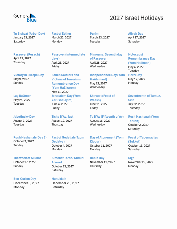 Free printable list of Israel holidays for year 2027