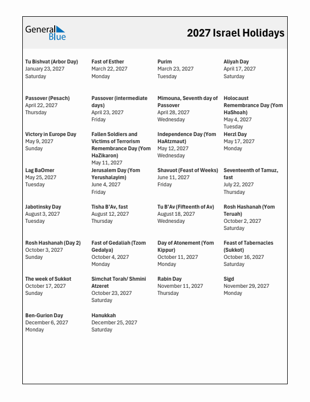 Free printable list of Israel holidays for year 2027