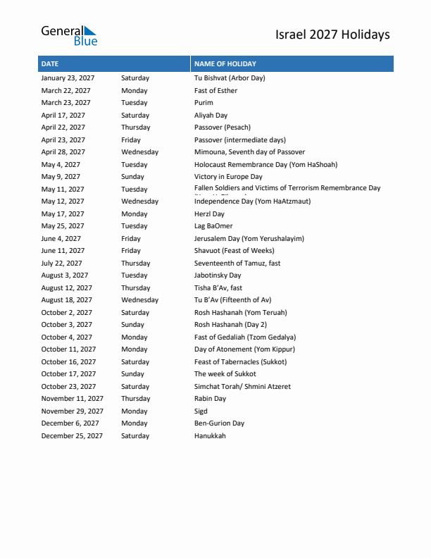 Free printable list of Israel holidays for year 2027