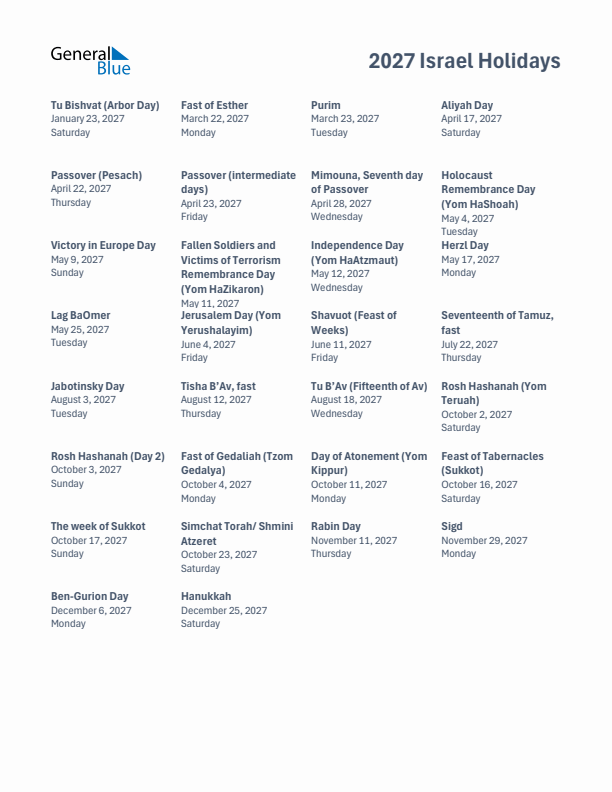 Free printable list of Israel holidays for year 2027