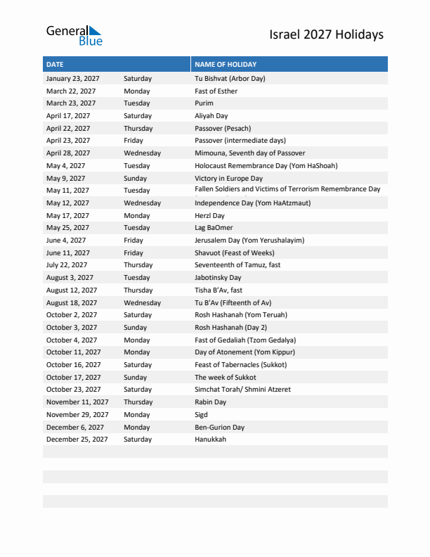 Free printable list of Israel holidays for year 2027