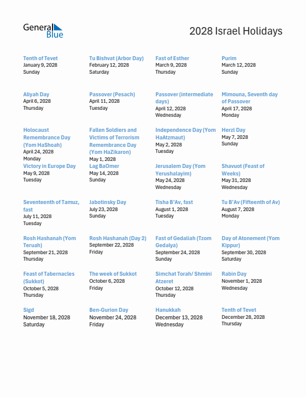 Free printable list of Israel holidays for year 2028