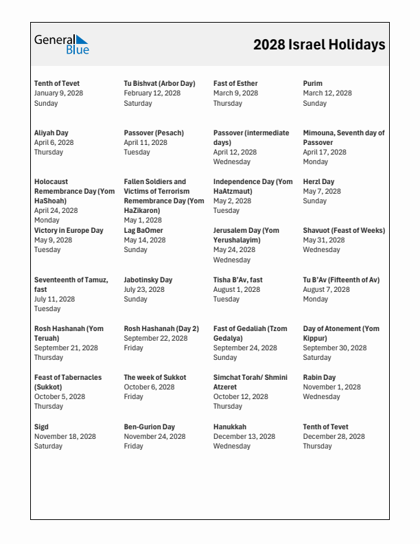 Free printable list of Israel holidays for year 2028