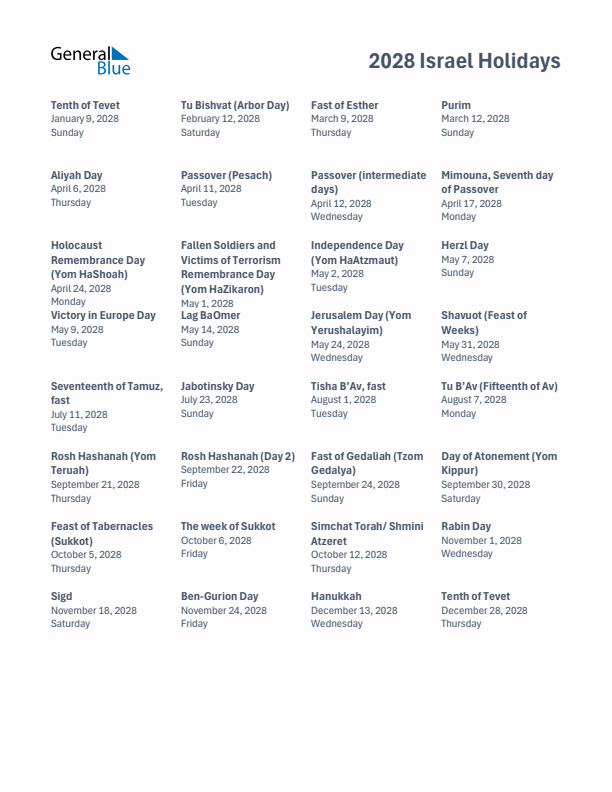 Free printable list of Israel holidays for year 2028