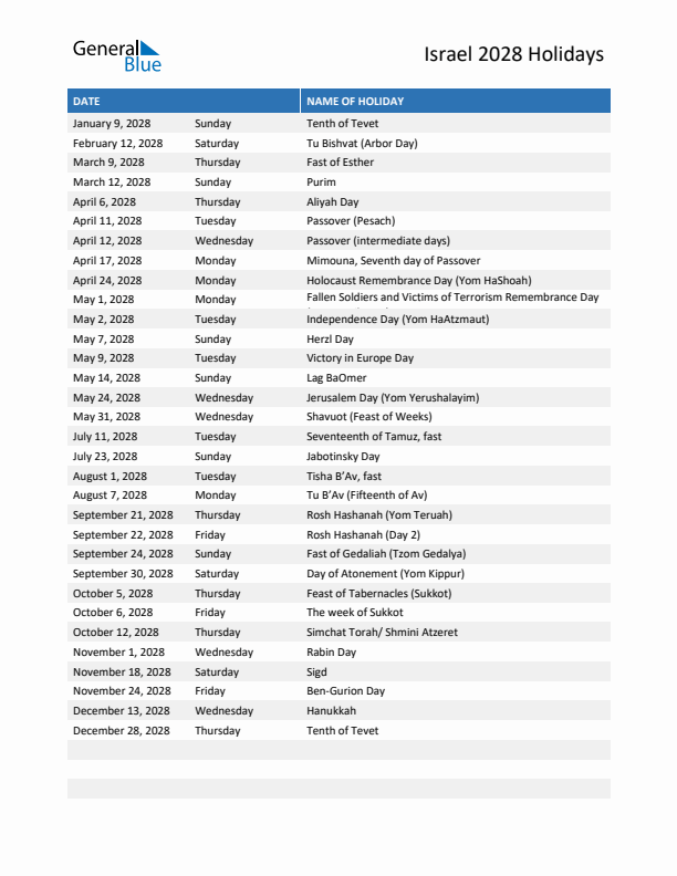 Free printable list of Israel holidays for year 2028