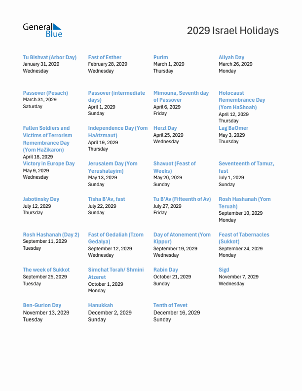 Free printable list of Israel holidays for year 2029