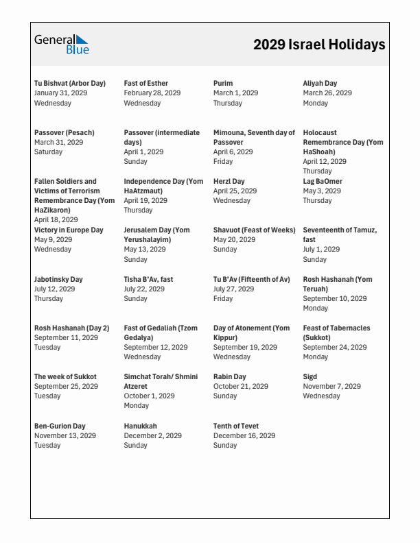 Free printable list of Israel holidays for year 2029
