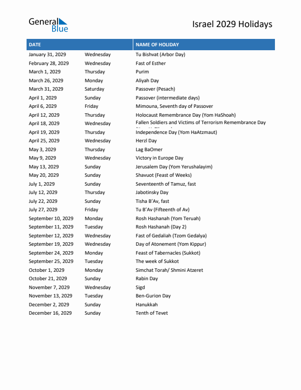 Free printable list of Israel holidays for year 2029