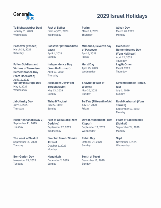 Free printable list of Israel holidays for year 2029