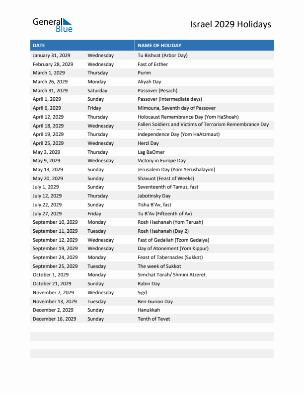 Free printable list of Israel holidays for year 2029