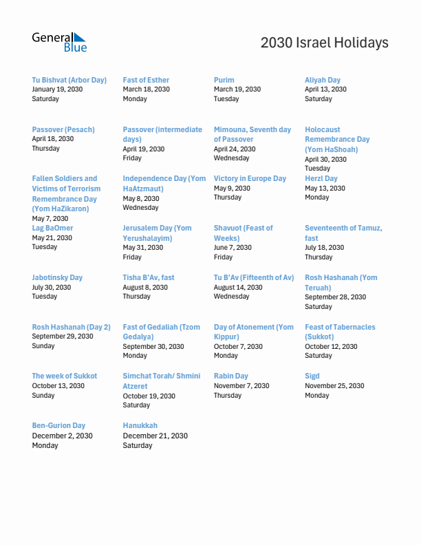 Free printable list of Israel holidays for year 2030