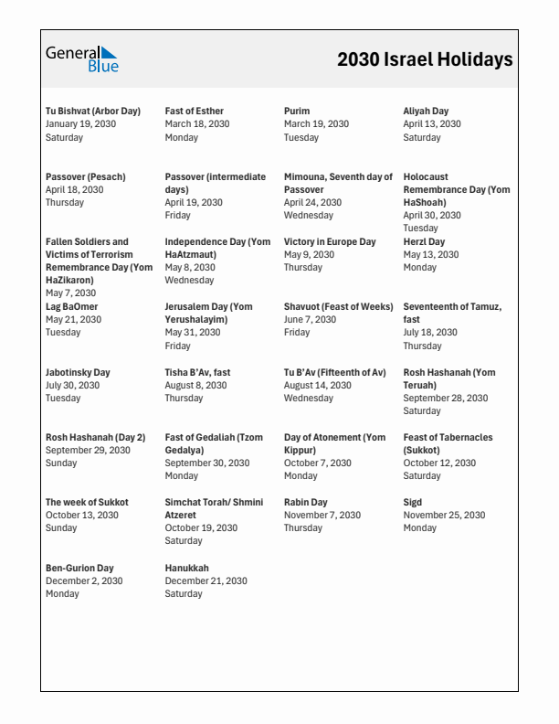 Free printable list of Israel holidays for year 2030